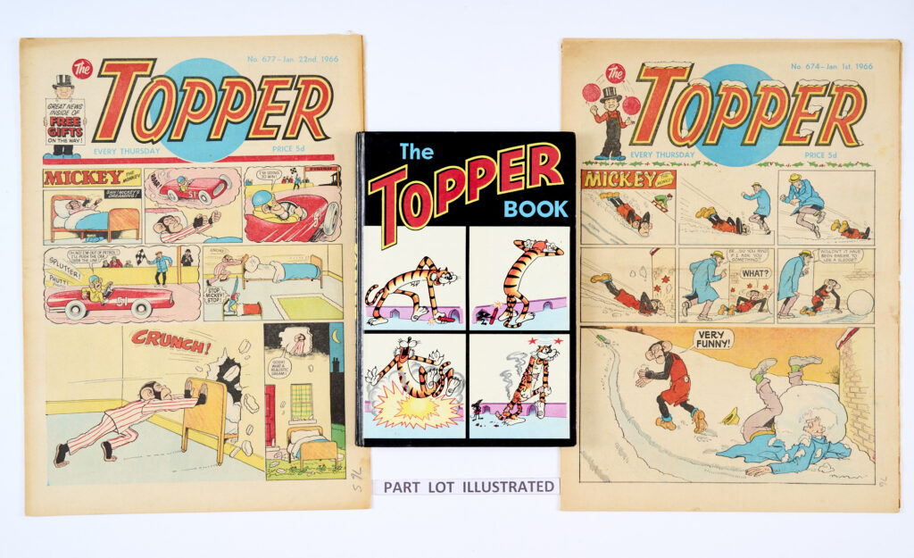 Topper (1966) 674-726. Complete year with Topper Book 1966. With Mickey the Monkey, Beryl the Peril, The Whizzers from Ozz and Foxy. A few issues with worn weak spines [gd], balance with light horizontal mailfold [vg/fn+] (53)