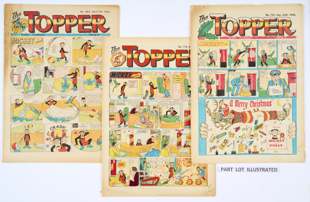 Topper (1966) 674-726. Complete year with Topper Book 1966. With Mickey the Monkey, Beryl the Peril, The Whizzers from Ozz and Foxy. A few issues with worn weak spines [gd], balance with light horizontal mailfold [vg/fn+] (53)