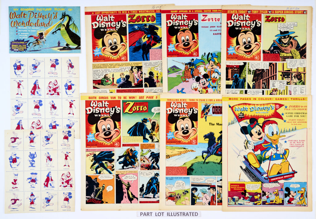 Walt Disney's Weekly (1960-61). Complete year of 1960 plus first 17 issues of 1961 (including April 24th final issue). Including free gifts: My Summer Picture Book of Walt Disney's Wonderland with all 6 colour pictures (loose) and 2 Name Game 12 Character uncut sheets (including Harold Hare, whose comic took over from Walt Disney Weekly on 3 May 1961) (69 issues)