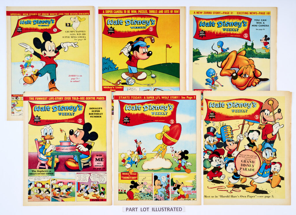 Walt Disney's Weekly (1960-61). Complete year of 1960 plus first 17 issues of 1961 (including April 24th final issue). Including free gifts: My Summer Picture Book of Walt Disney's Wonderland with all 6 colour pictures (loose) and 2 Name Game 12 Character uncut sheets (including Harold Hare, whose comic took over from Walt Disney Weekly on 3 May 1961) (69 issues)