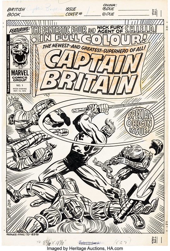 Larry Lieber and Frank Giacoia’s original cover art for the first issue of Captain Britain, as prepared by Marvel in New York, the printed version with free gift copy added later before final printing. The art was sold at auction earlier this year by Heritage Auctions for $118,750