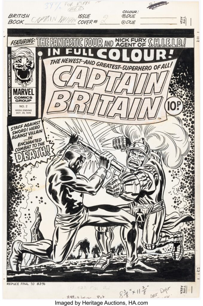 Larry Lieber and Frank Giacoia Captain Britain #2 Cover Original Art (Marvel UK, 1976). Sold by Heritage Auctions earlier this year by Heritage Auctions for $10,625