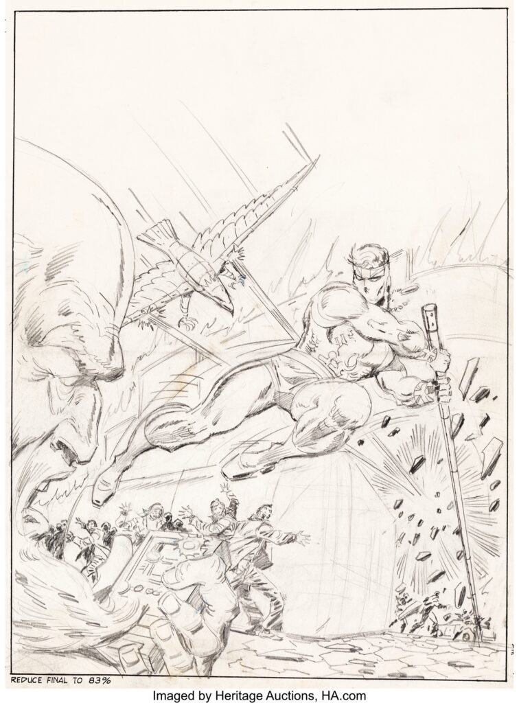Ron Wilson Captain Britain #29 Unused Cover Original Art (Marvel UK, 1977). The good Captain is fighting Lord Hawk on this exciting, but ultimately unused cover design. Sold at auction in 2021 for $1,320