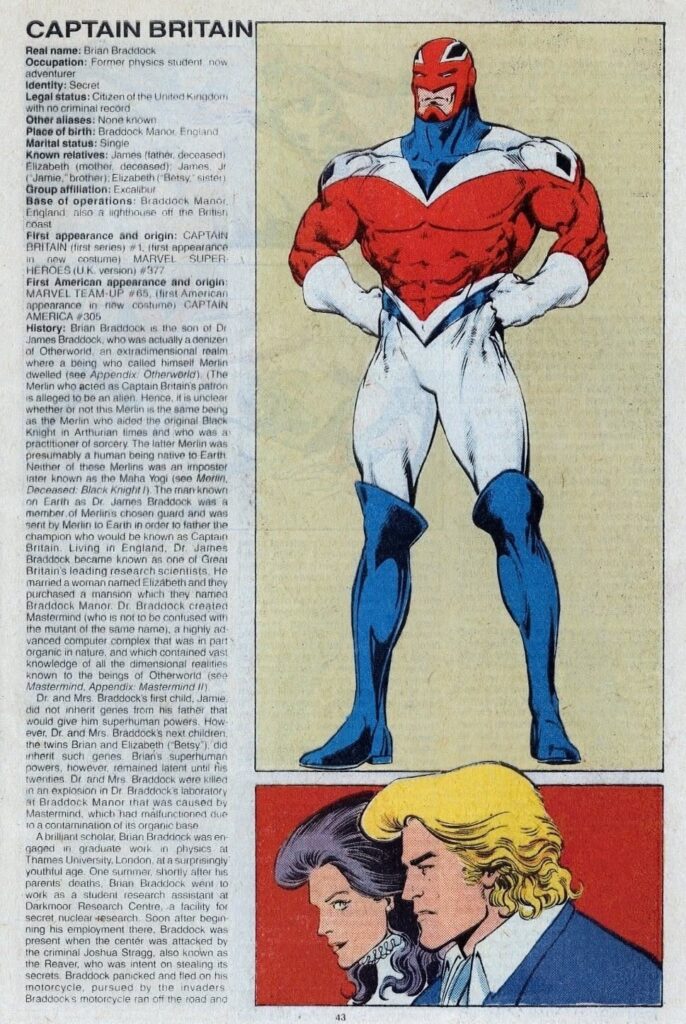 Marvel Universe Update #1 (V3; 1989; Marvel Comics) Captain Britain Profile, written by Mark Gruenwald, Peter Sanderson, art by Alan Davis inked by Joe Rubinstein, coloured by Andy Yanchus