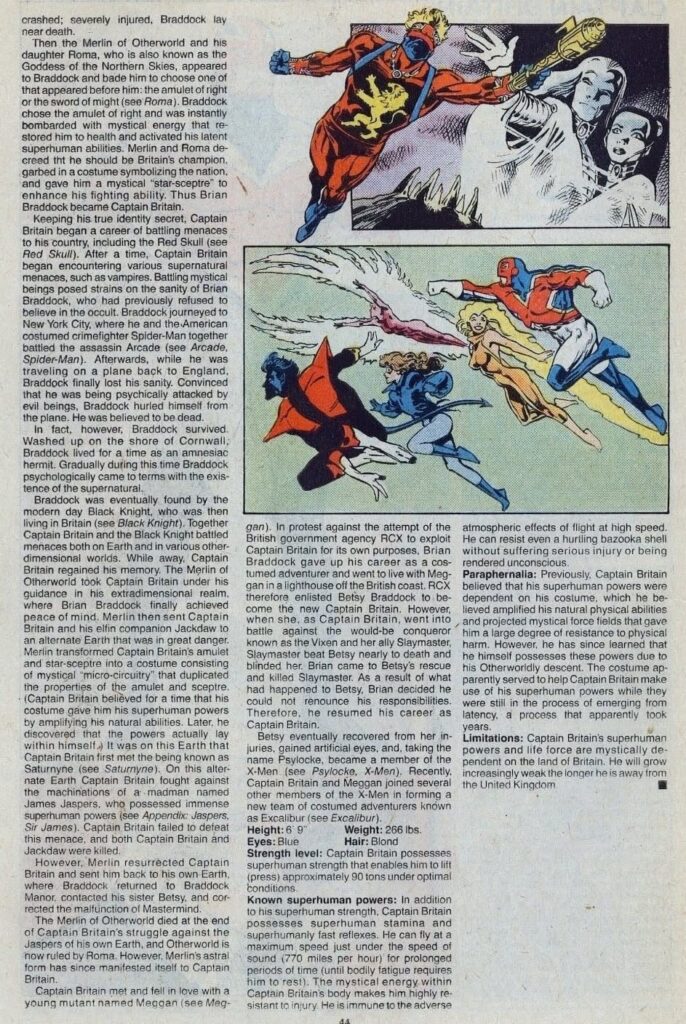 Marvel Universe Update #1 (V3; 1989; Marvel Comics) Captain Britain Profile, written by Mark Gruenwald, Peter Sanderson, art by Alan Davis inked by Joe Rubinstein, coloured by Andy Yanchus
