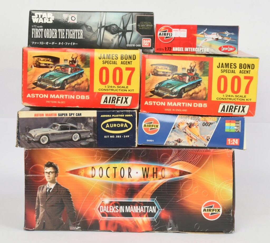 Vectis Auction Lot 9th October 2026
Airfix and Aurora, a group of seven boxed model kits comprising film and television subjects; some of James Bond Kits have been part or fully built, therefore other kits may be the same however most appear to have sealed internal packs.

The lot comprises:

• Airfix Doctor Who Daleks in Manhattan, A50007 – a construction kit, Dr Who Kit internals fully sealed with included equipment.

• Airfix James Bond Special Agent 007 Aston Martin DB5, 823 – a construction kit. 1:24.

• Airfix James Bond Special Agent 007 Aston Martin DB5 – a construction kit. 1:24.

• Airfix James Bond Autogyro 007, 04401 – a construction kit. 1:24.

• Aurora Aston Martin Super Spy Car, 585 - 249 – a construction kit.

• Airfix Captain Scarlet Angel Interceptor, A02026 – a construction kit. 1:72.

• Bandai Star Wars First Order TIE Fighter, 0203218-2400 – a construction kit. 1:72.
Condition appears Fair to Near Mint.