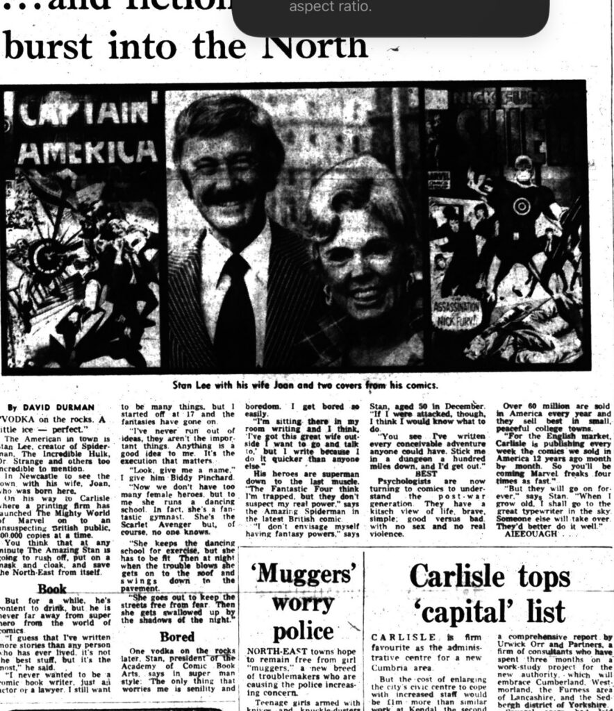 Stan Lee was interviewed by the Newcastle Journal during a visit to the UK, the chat published on Friday 6th October 1972