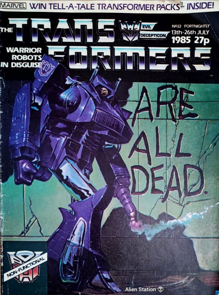 1985. Probably the most celebrated Transformers cover (issue five of the US run), as seen on the Marvel UK edition. 
This marked the return of US reprints - and their ongoing continuity - after fourteen fortnights of UK material. Via Alien Station 