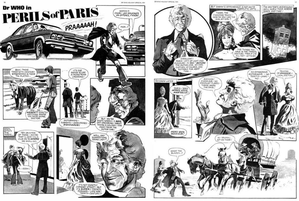 The opening pages of "Perils of Paris", a story for the Doctor Who Holiday Special 1974, writer unknown, art by Malcolm Stokes. In the story, companion Sarah is incorrectly referred to as "Liz" in one panel - did the writer (and editor) confuse the character for the actor, or was the story created for an earlier Special when Caroline John was still at Jon Pertwee's side? The companion looks more like Liz than Sarah...