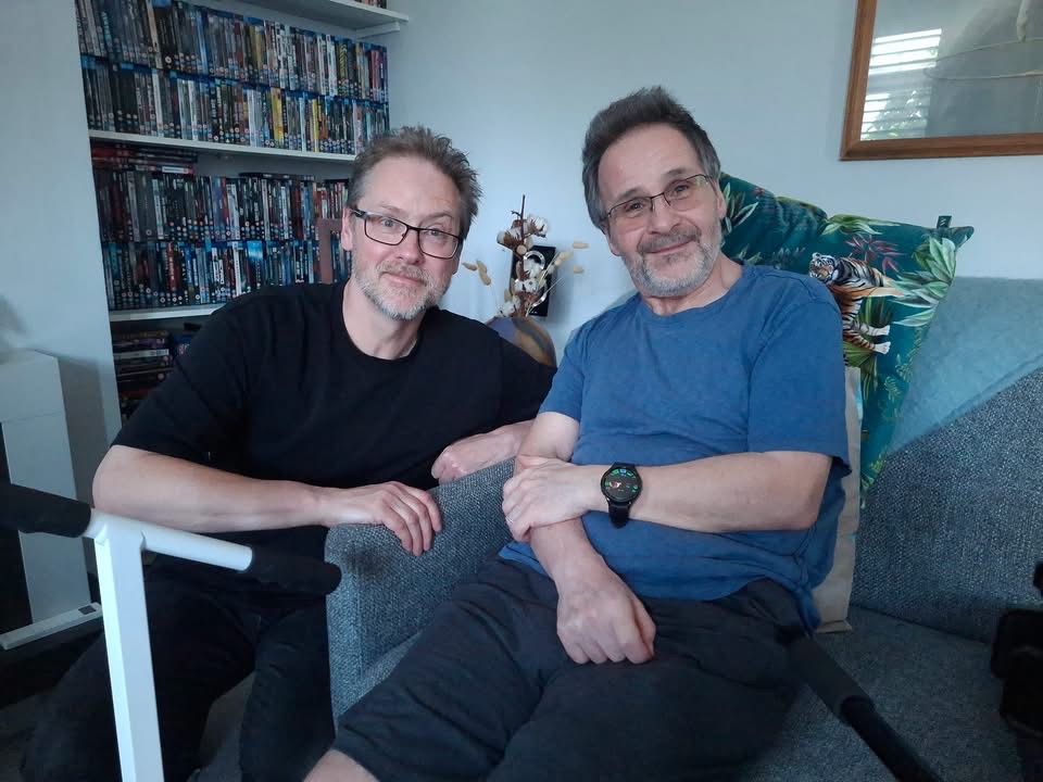 Myth Makers presenter and fellow artist Neil Cole with Colin Howard during recording of his Myth Makers documentary in July 2026. Photo: Reeltime Pictures 
