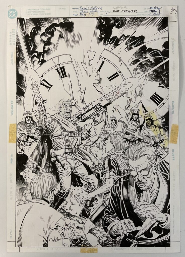 There isn't a lot of American comic art in this auction, but this cover of Time-Breakers #5 (DC Comics, May 1997) by Chris Weston is a gem. Ink on DC branded art card. 