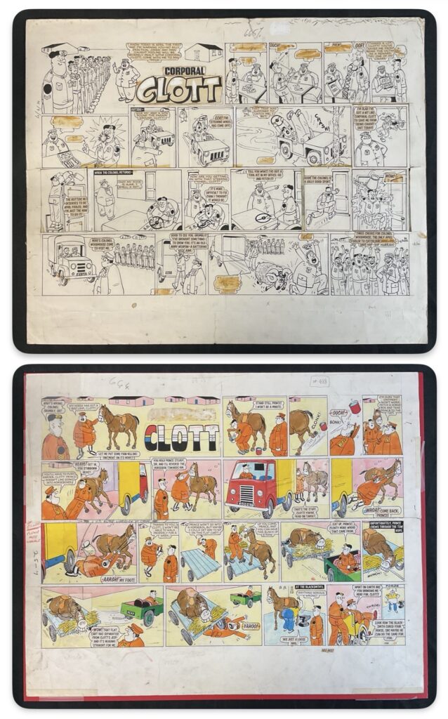 Beyond work by Dudley Watkins, It's rare to see art from a DC Thomson comic for sale, so these "Corporal Clott" pages are pretty special. On offer area a pair of original comic artwork pages (one colour, one black & white) for this comic strip which ran in The Dandy from 1960 to 1970, By artist Davy Law