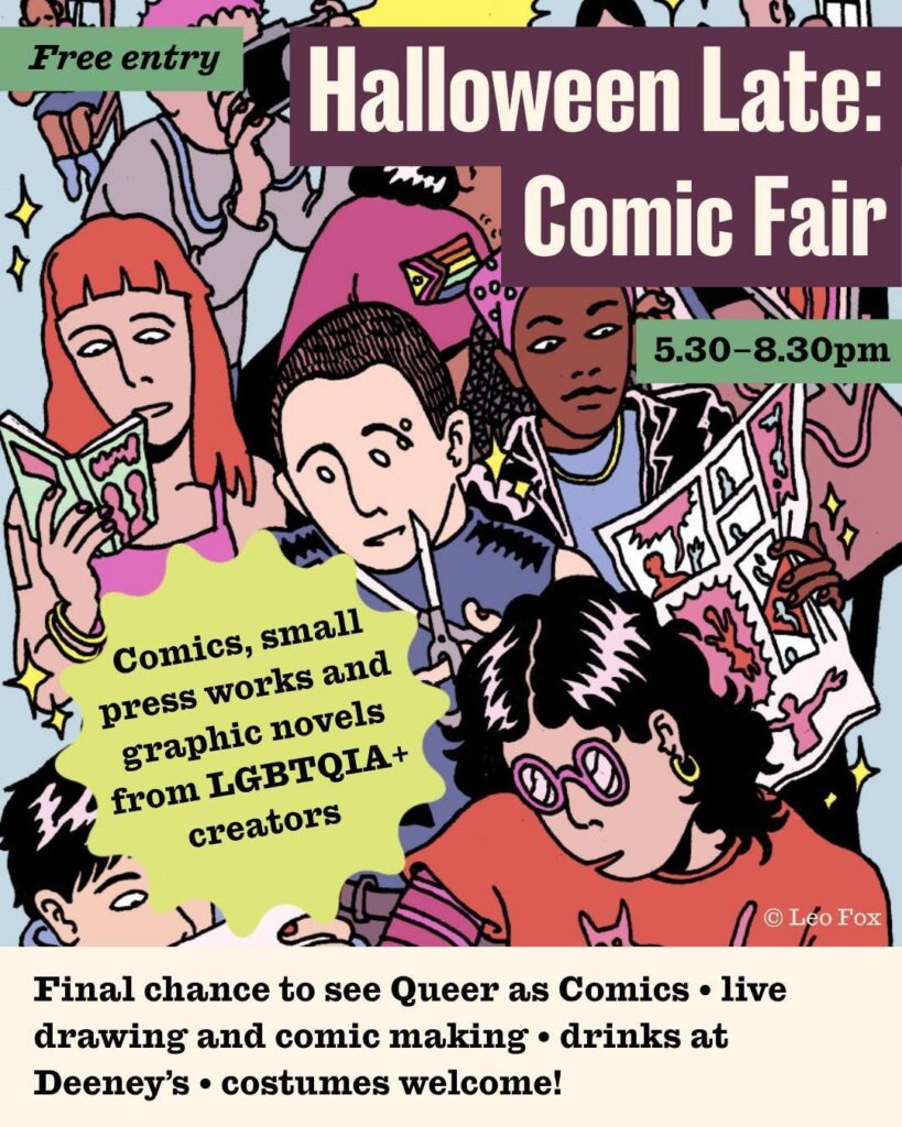 Cover art by Leo Fox for the Queer as Comics exhibition and free accompanying pamphlet at the Quentin Blake Centre for Illustration