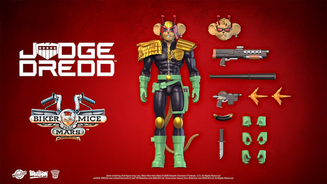 Throttle and his Martian Monster Bike don the iconic Judge Dredd uniform in this new action figure collaboration between Nacelle Toys and Rebellion