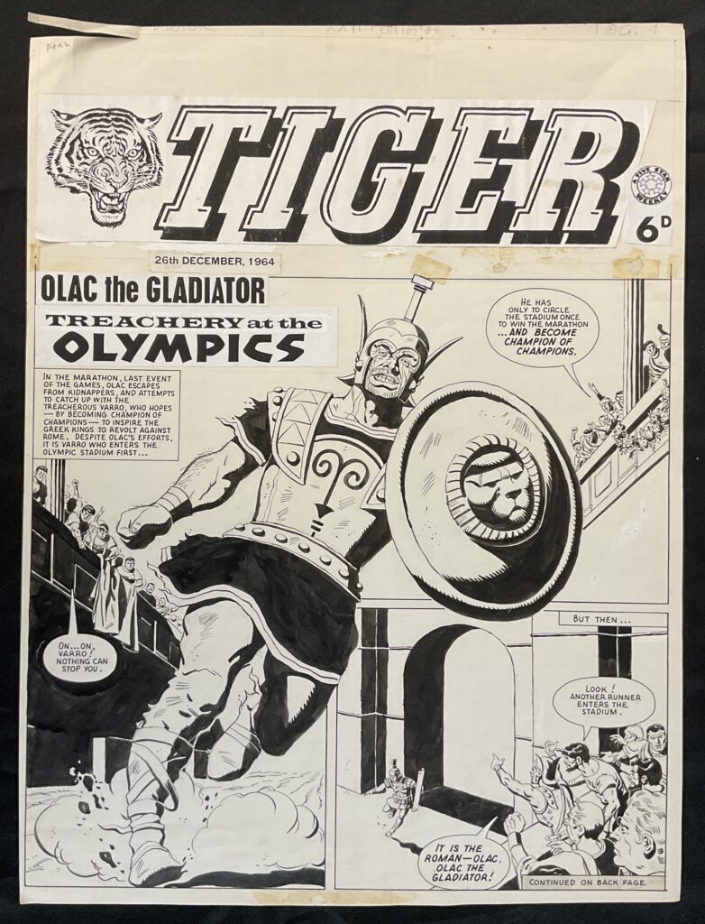 OLAC THE GLADIATOR 'Treachery at the Olympics' original black / white interior comic book art from British comic book TIGER (26th December 1964) by Ruggero Giovannini, pencil and ink. Measures 44cm x 58cm