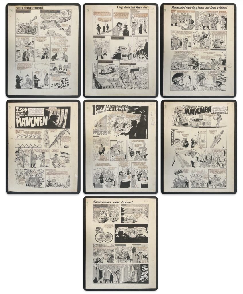 More DC Thomson published art - this lot from the pages of Sparky! Seven pages of fun original "I Spy" art by the legendary Brian Walker, for the "I Spy and the Matchmen", that ran across September / October 1971. Measuring 46cm x 59cm
