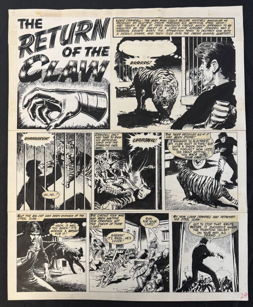 One of "The Steel Claw" artwork lots in this  huge auction, created for Valiant by Jesus Blasco, circa 1973. Measures  42cm x 55cm. There are plenty of great lots in this auction featuring other classic British heroes, including Adam Eterno and Robot Archie