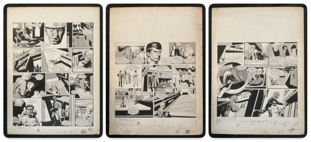 Joe 90 art by Keith Watson, best known, perhaps, for his work on "Dan Dare" for EAGLE, for Issue 3 of the short-lived comic, published in 1969. Three  pages of original comic art, consecutive black / white interior pages 2-4 measuring 42cm x 57cm