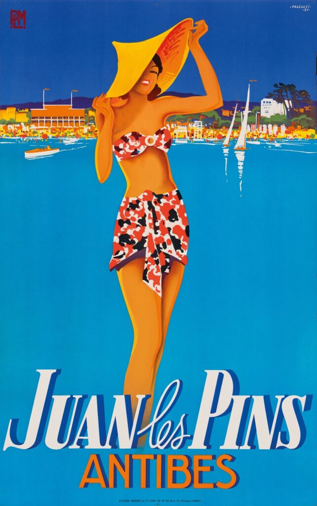 Juan les Pins - Antibes lithographic poster, 1937 by Robert Falcucci (1900-1982)
