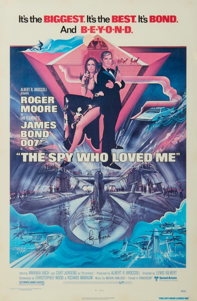 The Spy Who Loved Me - James Bond - US one sheet, 1977, hand signed by Roger Moore, art by Bob Peak (1927-1992)