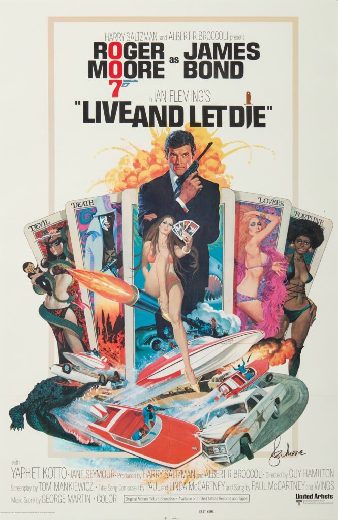 James Bond - Live and Let Die one sheet, 1973, hand signed by Roger Moore, art by Robert McGinnis (1926-2025)