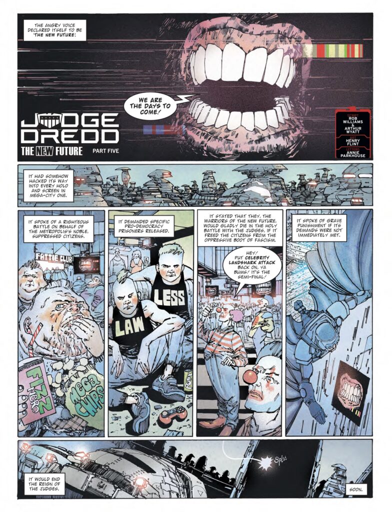 2000AD Prog 2505 - JUDGE DREDD // THE NEW FUTURE
By Rob Williams & Arthur Wyatt (Writer) Henry Flint (Artist) Annie Parkhouse (Letterer)