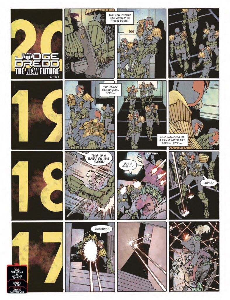 2000AD Prog 2506 - JUDGE DREDD // THE NEW FUTURE
By Rob Williams & Arthur Wyatt (Writer) Henry Flint (Artist) Annie Parkhouse (Letterer)