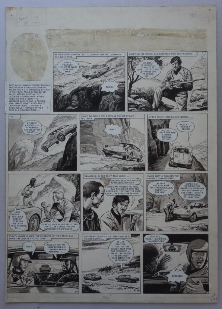 Look and Learn “Wildcat Wayne” Original Comic Artwork for No. 380, cover dated 26th April 1969, artist unknown. One of the strips in the "Ranger Entertainment Section", following Ranger's merger with Look and Learn in June 1966 (the title still visibly incorporated in Look and Learn three years later). The thin cardboard measures 51 x 36.5 cm and is generally in pretty nice shape. A pin hole to each of the two top corners. The title logo and face of character Theo Wayne, at the top, are missing.