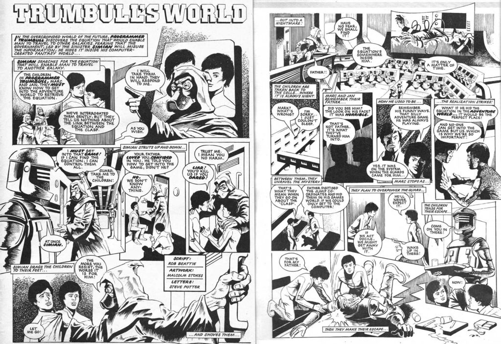 The opening pages of "Trumbull's World" for Load Runner No. 2, cover dated 7th - 20th July 1983, written by Rob Beattie, art by Malcolm Stokes, lettered by Steve Potter