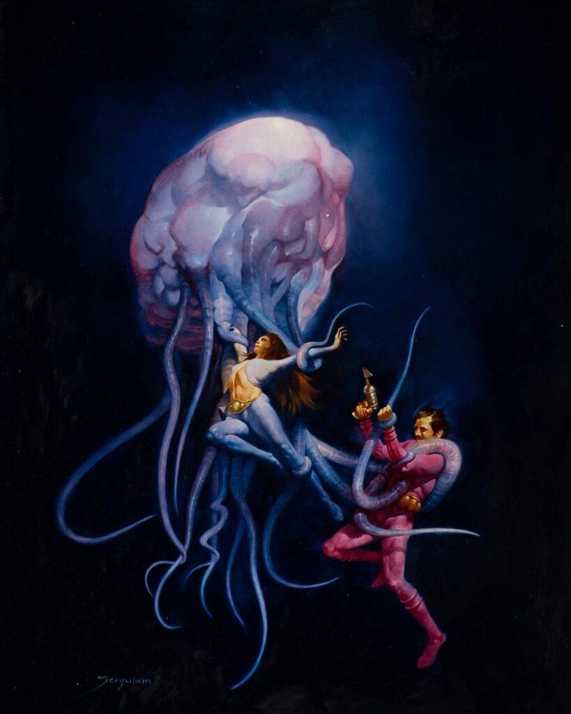 "The Scroungers" (also referred to by the artist as "Brain Death"), art by Sanjulián, cover art for Warren Publishing's black-and-white horror and sci-fi comics anthology, Eerie #76 (published in August 1976)