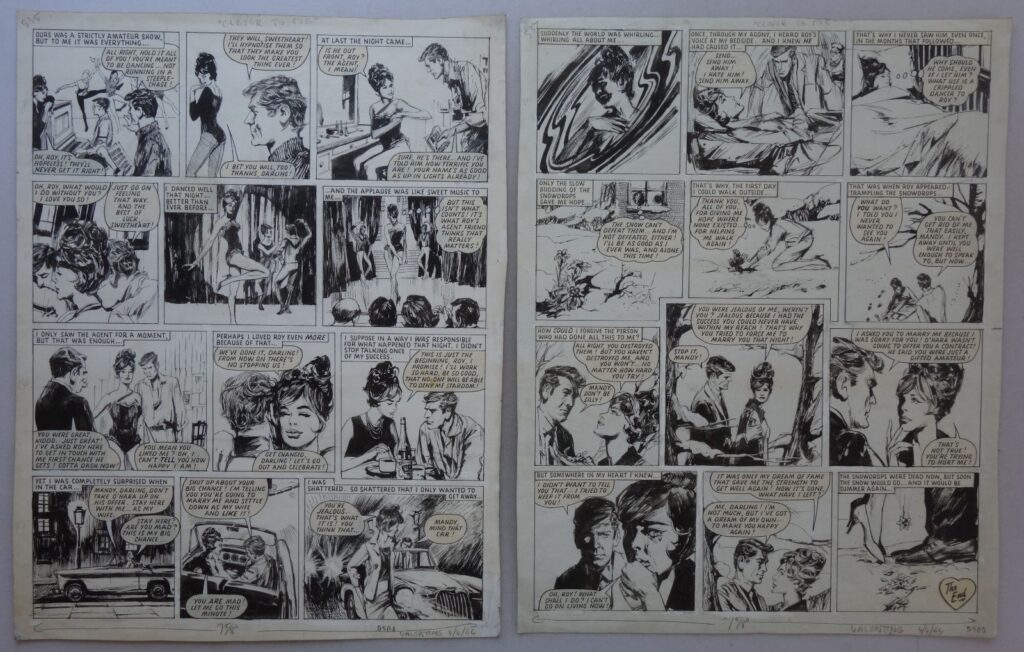 “Closer To Me” art by Florenci Clave for Valentine Original Artwork for issue cover dated 4th April 1964, consigned to us by the family of the late comic artist Jim Baikie, whose collection it resided in for many years. This may have been just a two page story (in which case it is complete), since the gap the top of looks like it would have been the title header. Each thin page of cardboard measures approximately 55 x 44 cm. Minor corner creasing. A 1/2 inch piece lost from the top left corner of the first page.