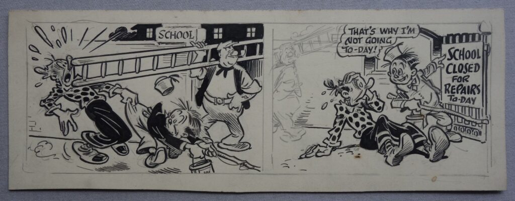 Wonder comic preliminary Artwork by Roy Wilson for “Marmy and his Ma”, a strip that ran in the weekly comic in the 1940s, issue unknown. It measures approximately 9.75 x 3.5 inches. The panels demonstrate crisp lines and Roy’s pencil work, as the character with the ladder hasn't been inked in the second panel. For whatever reason, Roy wasn't happy with these pieces, so started over and these were effectively discarded at the time – but saved from the bin by his wife. A preliminary trial artwork by highly esteemed comic artist Roy Wilson executed prior to his final drawing for publication. He was a perfectionist and would often draw half, or even a full, strip but decide it wasn't quite good enough for his own high standards and consequently would re-draw it. So this is very close to the final version used for the comic and has the benefit of showing how he constructed his drawings. Indeed, whilst you can find almost endless examples of completed (published) original comic artworks (wonderful in their own right) on the market, you rarely see half pencilled / half inked pages which show the process first hand.