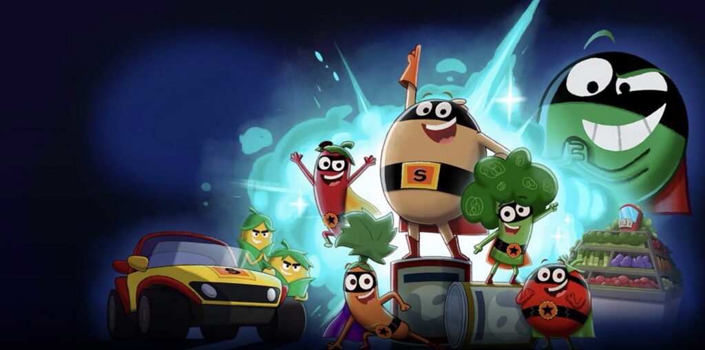 Supertato, the world’s strongest and bravest potato, thwarts the dastardly plans of Evil Pea from taking over the Supermarket! Image: BBC