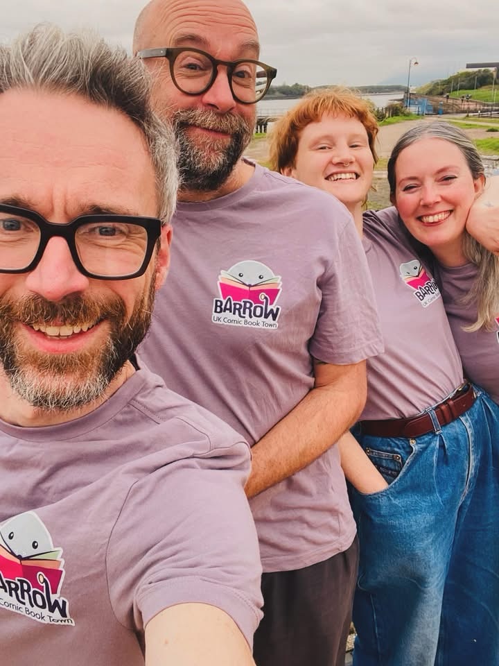 Barrow UK Comic Book Town: Mark Jackson, Jim Medway, Mollie Ray and Emmeline Pidgen celebrating at Barrow’s Dock Museum after a great day! Photo via Marc Jackson