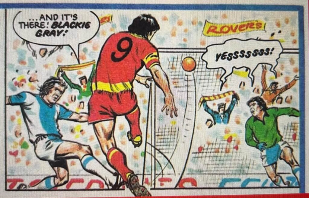 Roy of the Rovers - Footballer Blackie in dramatic action, scoring a goal